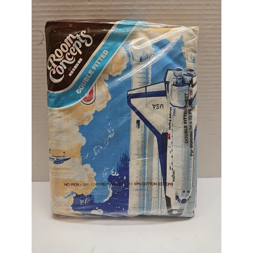 Vintage BIBB Room Concepts Double Fitted Sheet Nasa Shuttle Columbia USA Made